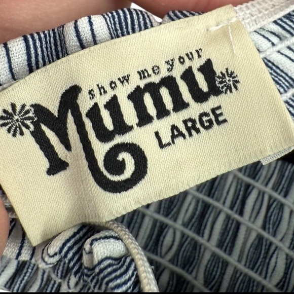 Show Me Your Mumu navy and white striped off the shoulder maxi dress. Size L - Picture 10 of 11